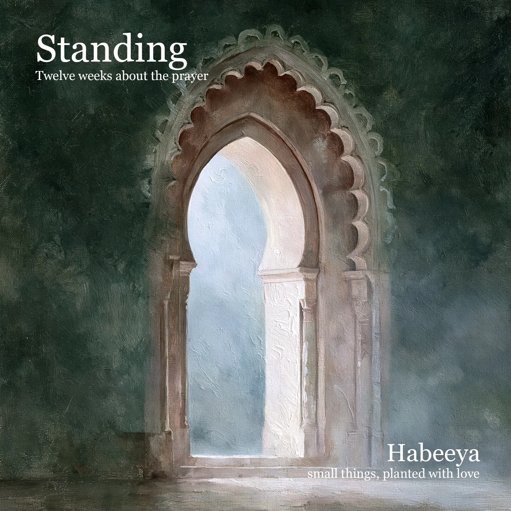 Standing, the child's book. A lit doorway in a dark green wall.